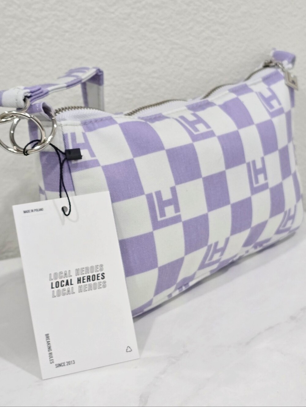 Local Heroes ✦ Vichy Checkered Baguette Bag ✦ Purple White Logo Shoulder Bag NWT - Picture 2 of 11
